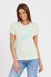 GUESS Miętowy t-shirt Icon Tee. Zielone t-shirty damskie Guess, s, z aplikacjami, bez kołnierzyka, bez ramiączek. W wyprzedaży za 181.99 zł.