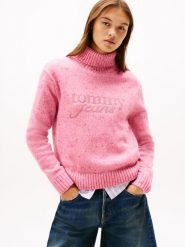 Tommy Jeans sweter z dzianiny z zawartością wełny Kobiety wyrazisty róż, L. Czerwone swetry nierozpinane damskie Tommy Jeans, l, bez wzorów, z dzianiny, eleganckie, bez kołnierzyka, bez ramiączek. Za 429.95 zł.