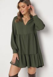 Zielona Luźna Sukienka Mini z Falbanką i Mankietami na Rękawach Vertecja. Zielone sukienki damskie Born2be, bez wzorów, bez kołnierzyka, bez ramiączek, mini. Za 84.99 zł.
