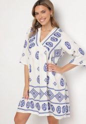 Niebiesko-Biała Wiskozowa Sukienka ze Wzorem Boho Frisana. Niebieskie sukienki damskie Born2be, na co dzień, l, bez wzorów, z materiału, boho, bez kołnierzyka, bez ramiączek, midi. Za 64.99 zł.