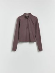 Bluza ze stójką - brązowy. Brązowe bluzy damskie Reserved, l, bez wzorów, z dzianiny, bez ramiączek, bez kaptura. W wyprzedaży za 79.99 zł.