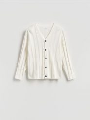 Strukturalny kardigan z dodatkiem lnu - biały. Białe swetry męskie Reserved, l, bez wzorów, z bawełny, bez kołnierzyka, bez ramiączek. Za 149.99 zł.