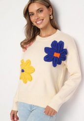 Beżowy Sweter z Wiskozą Wykończony Aplikacjami Kwiatów 3D Morivia. Brązowe swetry nierozpinane damskie Born2be, z aplikacjami, z jeansu, bez kołnierzyka, bez ramiączek. Za 74.99 zł.