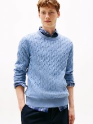 Tommy Hilfiger sweter Mężczyźni drobna dzianina niebieski, XL. Niebieskie swetry męskie Tommy Hilfiger, m, bez wzorów, z bawełny, bez kołnierzyka, bez ramiączek. Za 499.95 zł.