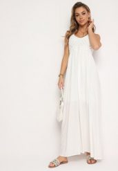 Biała Bawełniana Rozkloszowana Sukienka Wiązana na Szyi Nonnea. Białe sukienki damskie Born2be, na spotkanie biznesowe, l, bez wzorów, z bawełny, eleganckie, bez kołnierzyka, bez ramiączek, maxi, rozkloszowane. Za 109.99 zł.