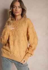 Żółty Luźny Sweter o Pudełkowym Kroju i Tłoczonym Splocie ze Ściągaczami Elomara. Żółte swetry nierozpinane damskie Renee, bez wzorów, z jeansu, casualowe, bez kołnierzyka, bez ramiączek. Za 139.99 zł.