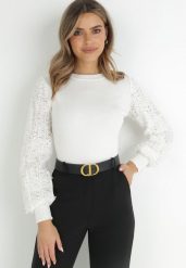 Biały Sweter z Bufiastym Ażurowym Rękawem Cayemi. Białe swetry nierozpinane damskie Born2be, z aplikacjami, z dzianiny, eleganckie, bez kołnierzyka, bez ramiączek. Za 139.99 zł.