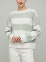 Sweter w pasy z okrągłym dekoltem i długim rękawem - zielony. Zielone swetry nierozpinane damskie Sinsay, l, bez wzorów, bez kołnierzyka, bez ramiączek. Za 39.99 zł.