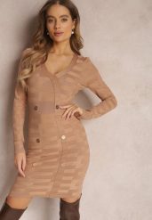 Beżowa Sukienka Dzianinowa z Napami Cits. Brązowe sukienki damskie Renee, s, bez wzorów, z dzianiny, bez kołnierzyka, bez ramiączek, mini, dopasowane. Za 79.99 zł.