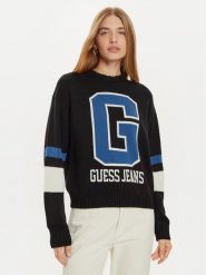 Guess Jeans Sweter W4BR11 Z3HN2 Czarny Regular Fit. Czarne swetry nierozpinane damskie Guess Jeans, l, z aplikacjami, z jeansu, bez kołnierzyka, bez ramiączek. Za 339.99 zł.