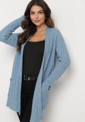 Niebieski Długi Nierozpinany Kardigan z Tłoczeniem Vaithnia. Niebieskie kardigany damskie Born2be, bez wzorów, z jeansu, eleganckie, bez kołnierzyka. Za 69.99 zł.