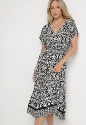 Biało-Czarna Bawełniana Sukienka Rozkloszowana we Wzór Paisley Lanadira. Czarne sukienki damskie Born2be, l, bez wzorów, z bawełny, boho, bez kołnierzyka, bez ramiączek, midi, rozkloszowane. Za 44.99 zł.