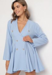 Niebieska Sukienka w Styku Marynarki Rozkloszowana z Guzikami Meliova. Niebieskie sukienki damskie Born2be, do pracy, m, bez wzorów, biznesowe, bez kołnierzyka, bez ramiączek, mini, proste. Za 119.99 zł.