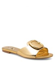 Eva Minge Klapki REGINE-SL2273-1 Złoty. Żółte klapki damskie Eva Minge, bez wzorów, z lakierowanej skóry, bez obcasa, bez zapięcia. Za 349.99 zł.