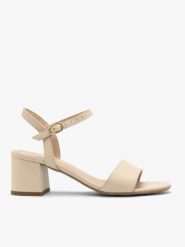 Eleganckie kremowe sandały na obcasie. Brązowe sandały damskie Ryłko, bez wzorów, ze skóry, bez obcasa, na obcasie, bez zapięcia. Za 349.99 zł.