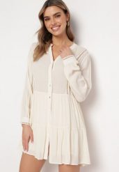Jasnobeżowa Koszulowa Sukienka w Stylu Boho z Rozkloszowanym Dołem Liorda. Brązowe sukienki damskie Born2be, na lato, l, bez wzorów, boho, bez kołnierzyka, bez ramiączek, mini, koszulowe. Za 109.99 zł.