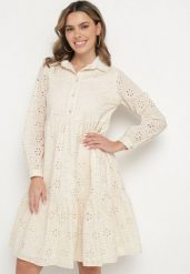 Beżowa Bawełniana Sukienka Ozdobiona Haftem Folira. Brązowe sukienki damskie Born2be, na co dzień, l, bez wzorów, z bawełny, eleganckie, bez kołnierzyka, bez ramiączek, midi. Za 119.99 zł.
