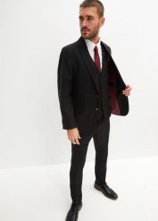 Garnitur z kamizelką i krawatem (4 części), Slim Fit. Czarne garnitury męskie bonprix, m, bez wzorów. Za 449.99 zł.