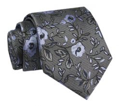 Krawat - ALTIES - Szary w Niebieskie Kwiaty. Szare krawaty i muchy Alties, bez wzorów, z tkaniny, eleganckie. Za 49.00 zł.