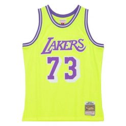 Koszulka Los Angeles Lakers Swingman Neon Tropical 1998/99. Żółte bluzki damskie Mitchell & Ness, bez wzorów, sportowe, bez kołnierzyka, bez ramiączek. Za 636.50 zł.