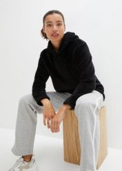 Miękka długa bluza z polaru, oversized. Czarne bluzy damskie bonprix, bez wzorów, z polaru, bez ramiączek, bez kaptura. Za 109.99 zł.