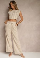 Jasnobeżowe Spodnie z Lnem o Szerokim Kroju z Gumką w Talii Filarive. Brązowe spodnie materiałowe damskie Renee, na lato, bez wzorów, z jeansu, eleganckie. Za 59.99 zł.