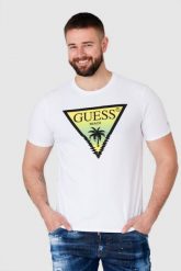 GUESS Biały t-shirt męski z logo z palmą. Białe t-shirty męskie Guess, m, z aplikacjami, bez kołnierzyka, bez ramiączek. W wyprzedaży za 129.99 zł.