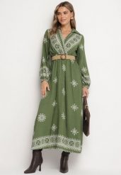 Zielona Kopertowa Sukienka z Wiskozą z Paskiem i Gumką w Talii w Etniczny Wzór Zindoria. Zielone sukienki damskie Born2be, na co dzień, l, bez wzorów, z wiskozy, eleganckie, bez kołnierzyka, bez ramiączek, maxi, kopertowe. Za 109.99 zł.