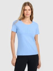 4F T-shirt slim z nadrukiem damski - niebieski XL. Niebieskie t-shirty damskie 4F, xl, bez wzorów, z bawełny, klasyczne, bez kołnierzyka, bez ramiączek. W wyprzedaży za 39.99 zł.