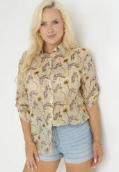 Żółta Koszula w Kwiaty z Podpinanymi Rękawami 3/4 Rosedris. Żółte koszule damskie Born2be, l, bez wzorów, bez kołnierzyka, bez ramiączek. Za 54.99 zł.