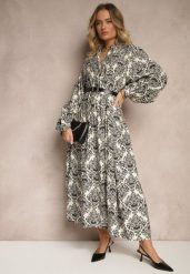 Czarna Wiskozowa Sukienka w Ornamentalny Wzór o Rozkloszowanym Kroju Gonalia. Czarne sukienki damskie Renee, na co dzień, l, bez wzorów, z wiskozy, eleganckie, bez kołnierzyka, bez ramiączek, maxi, oversize. Za 109.99 zł.