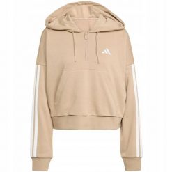 Bluza damska Essentials 3-Stripes French Terry Hoodie Quarter Zip. Brązowe bluzy damskie Adidas, bez wzorów, z bawełny, bez ramiączek, z kapturem. Za 200.99 zł.