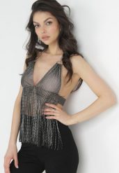 Czarno-Srebrny Top w Cyrkonie z Frędzlami Sulma. Czarne topy damskie Born2be, uniwersalny, bez wzorów, bez kołnierzyka, bez ramiączek. Za 129.99 zł.