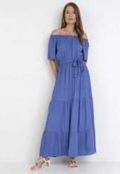 Niebieska Sukienka Kissorise. Niebieskie sukienki damskie Born2be, na lato, l, bez wzorów, z materiału, bez kołnierzyka, bez ramiączek, maxi, rozkloszowane. Za 74.99 zł.