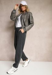 Ciemnoszare Spodnie z Bawełny High Waist Galili. Szare spodnie materiałowe damskie Renee, bez wzorów, z bawełny, eleganckie, z podwyższonym stanem. Za 119.99 zł.