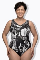 Damskie Strój kąpielowy błyszczące wykończenie bez miękkich miseczek. Czarne stroje kąpielowe damskie Ulla Popken, plus size, bez wzorów, z elastanu. Za 159.99 zł.