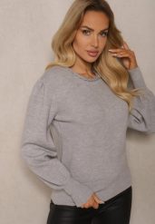 Szary Sweter z Modalem i Wiskozą Ozdobiony Bufiastymi Rękawami i Splotem przy Dekolcie Enareth. Szare swetry nierozpinane damskie Renee, m, bez wzorów, z jeansu, casualowe, bez kołnierzyka, bez ramiączek. Za 69.99 zł.