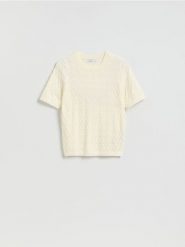 Strukturalny sweter z wiskozą - złamana biel. Swetry nierozpinane damskie Reserved, l, bez wzorów, z dzianiny, bez kołnierzyka, bez ramiączek. Za 79.99 zł.