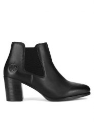Rieker Botki 50194-00 Czarny. Czarne botki damskie Rieker, bez wzorów, ze skóry, bez obcasa, na słupku, bez zapięcia. Za 299.99 zł.