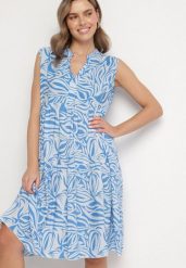 Niebieska Bawełniana Rozkloszowana Sukienka z Geometrycznym Wzorem Annivaria. Niebieskie sukienki damskie Born2be, na co dzień, l, bez wzorów, z bawełny, eleganckie, bez kołnierzyka, bez ramiączek, midi, rozkloszowane. Za 44.99 zł.