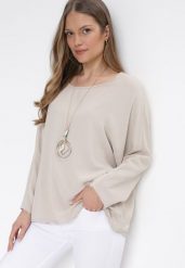Beżowa Bluzka z Rękawami Typu Nietoperz Zonoane. Brązowe bluzki damskie Born2be, bez wzorów, bez kołnierzyka, bez ramiączek. Za 54.99 zł.