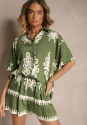 Ciemnozielony Komplet z Rustykalnym Wzorem z Szortami i Koszulą Tosnea. Zielone koszule damskie Renee, m, bez wzorów, eleganckie, bez kołnierzyka, bez ramiączek. Za 69.99 zł.