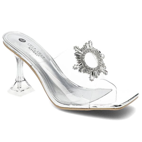 Srebrne Klapki Sca'viola Eleganckie Buty Damskie. Szare klapki damskie Sca'viola, z aplikacjami, eleganckie, bez obcasa, na obcasie, bez zapięcia. Za 269.00 zł.