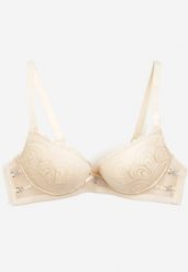 Beżowy Biustonosz z Koronki Typu Push-Up z Usztywnionymi Miseczkami i Zdobieniami Ellalli. Brązowe biustonosze Renee, z aplikacjami, z koronki. Za 34.99 zł.
