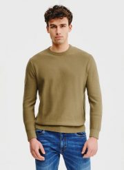 PAKO LORENTE – Oliwkowy sweter męski. Zielone swetry męskie Pako Lorente, na wiosnę, m, bez wzorów, z bawełny, bez kołnierzyka, bez ramiączek. Za 99.99 zł.