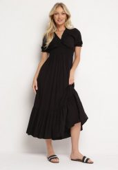 Czarna Bawełniana Sukienka z Kopertowym Dekoltem w Stylu Boho Rissasie. Czarne sukienki damskie Born2be, na co dzień, m, bez wzorów, z bawełny, boho, bez kołnierzyka, bez ramiączek, midi, kopertowe. Za 39.99 zł.