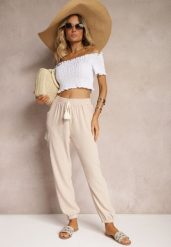 Beżowe Spodnie Cargo High Waist Wykończone Gumką w Pasie Nellindra. Brązowe spodnie materiałowe damskie Renee, bez wzorów, z jeansu, eleganckie, z podwyższonym stanem. Za 39.99 zł.