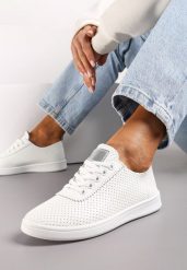 Biało-Srebrne Tenisówki przed Kostkę z Perforacją Rineli. Białe trampki i tenisówki damskie Renee, bez wzorów, przed kostkę, bez zapięcia. Za 39.99 zł.