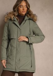 Zielona Klasyczna Kurtka Parka z Kapturem z Futrem Nalisava. Zielone parki damskie Renee, l, bez wzorów, z dzianiny, z kapturem. Za 319.99 zł.
