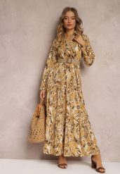 Jasnobeżowa Sukienka Maxi z Kołnierzykiem i Plecionym Paskiem Pertitus. Brązowe sukienki damskie Renee, l, z aplikacjami, eleganckie, bez kołnierzyka, bez ramiączek, maxi, kopertowe. Za 139.99 zł.